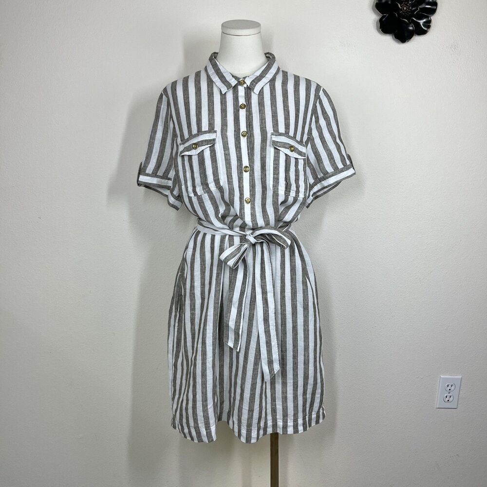 Talbots Shirt Dress Womens 16P Petite Gray Striped Linen Short Sleeve Belted